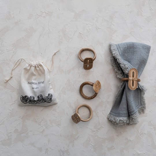 Boho Woven Bamboo Napkin Rings in Linen Drawstring Bag, Set of 4